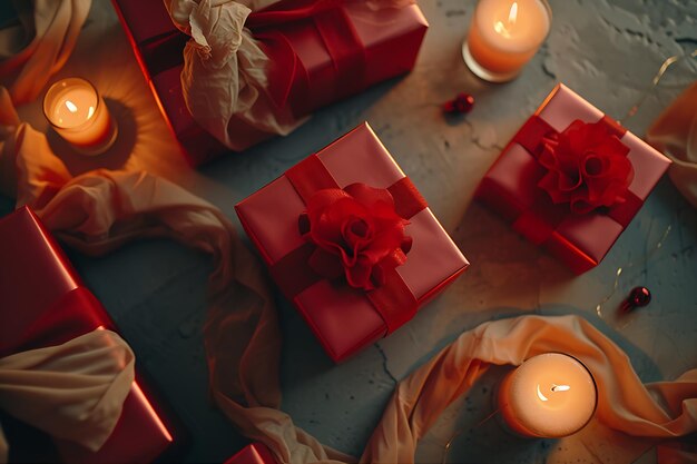 Foto caixas de presentes papel de tecido velas vermelhas leic