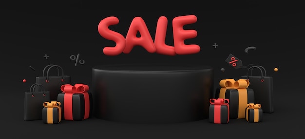 Caixas de presentes pretas 3D com laços vermelhos e amarelos, sacos de compras e sinal de porcentagem, banner de estilo realista minimalista para publicidade, venda para Black Friday ou ano novo.
