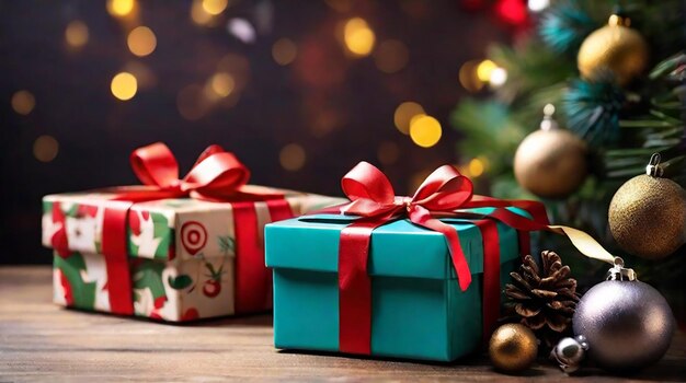 Caixas de presentes pretas de Natal em uma mesa de madeira Férias alegres Feliz Natal Feliz ano novo 2024