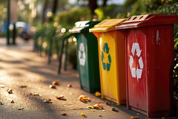 Caixas de reciclagem coloridas com símbolo de reciclar