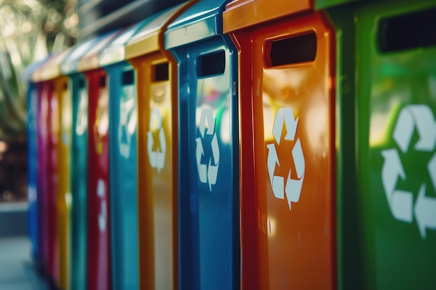 Caixas de reciclagem coloridas em fila com símbolos de reciclar