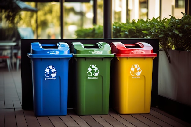 Caixas de reciclagem que destacam a importância da gestão sustentável dos resíduos Estas imagens mostram as práticas ecológicas de reciclar