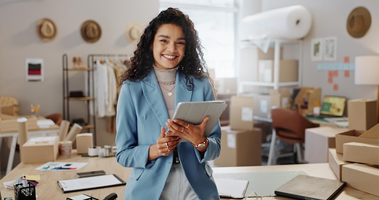 Caixas de retratos e mulher com um tablet e-commerce e sorriso com conexão internet e entrega com site da empresa Cara pessoa ou funcionário com tecnologia de envio ou encomenda on-line com vendas