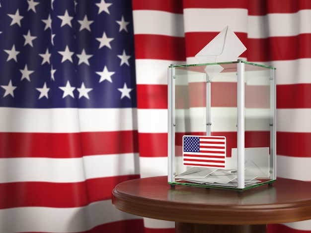 Caixas de votação com bandeira dos EUA e papéis de votação Eleições presidenciais ou parlamentares nos EUA