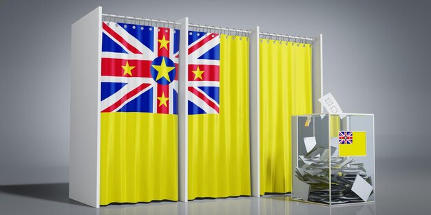 Caixas de votação de Niue com bandeira do país e ilustração 3D da urna de votação