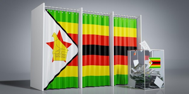 Caixas de votação do Zimbábue com bandeira do país e ilustração 3D da urna de votação