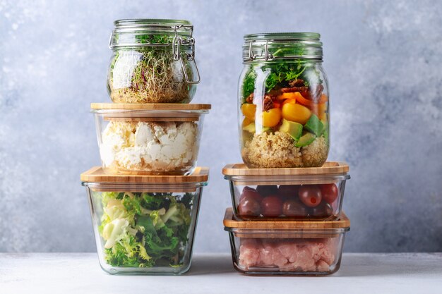 Foto caixas e latas de vidro com decantação de refrigerador de alimentos frescos