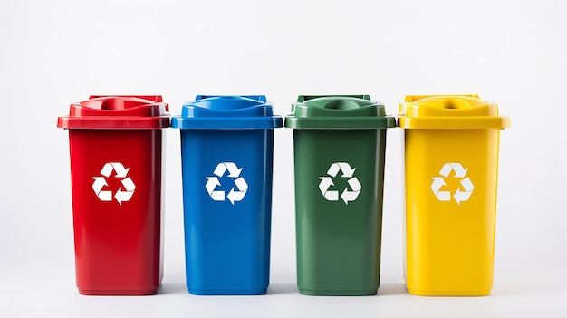 Foto caixas de reciclaje amarillas, azules y rojas con el símbolo de reciclado aislado sobre un fondo blanco