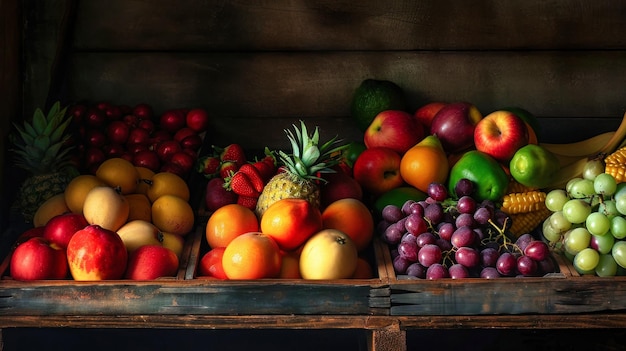 Caixas variadas de frutas frescas no mercado