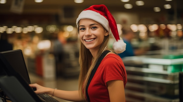 Foto caixeira sorridente vestindo chapéu de papai noel na loja