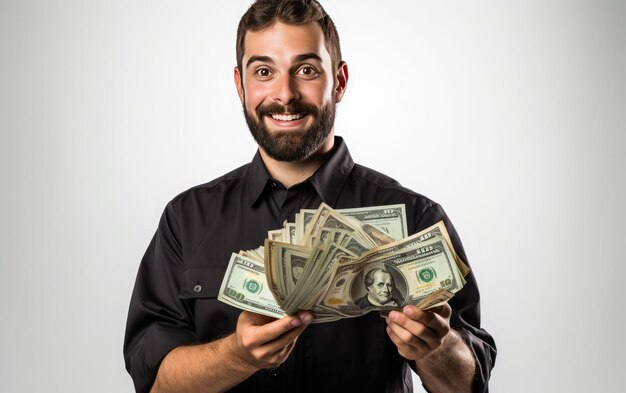 Caixeiro isolado com dinheiro em um restaurante em fundo transparente