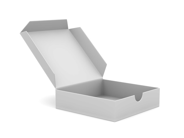 Caja abierta sobre fondo blanco. Ilustración 3D aislada