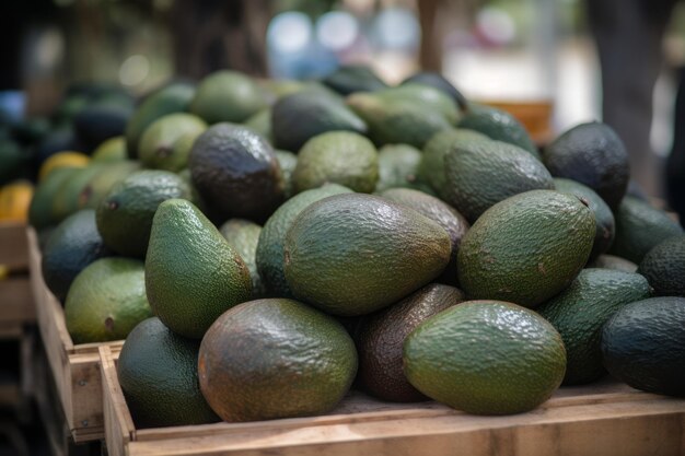 Una caja de aguacates está en una mesa.