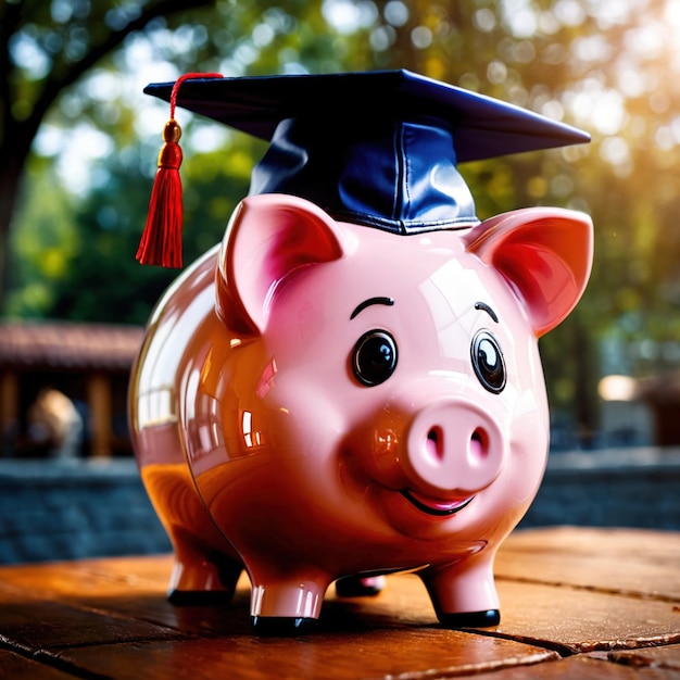 Foto caja de ahorros con gorra de graduado que muestra ahorros para la educación