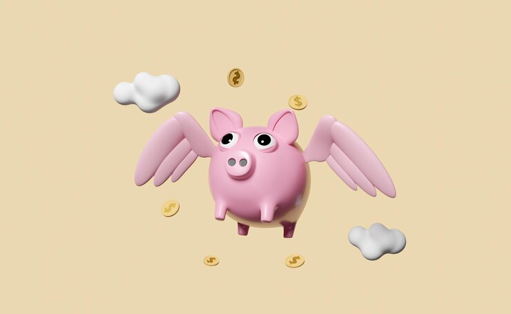 caja de ahorros rosa 3d con alas monedas flotantes nube aislada en fondo beige ahorro de dinero aprobación de préstamos banca de negocios concepto de inversión ilustración de renderización 3d