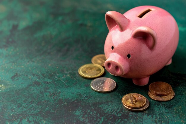 caja de ahorros rosa y algunas monedas de oro en fondo verde oscuro de fondo de ahorro