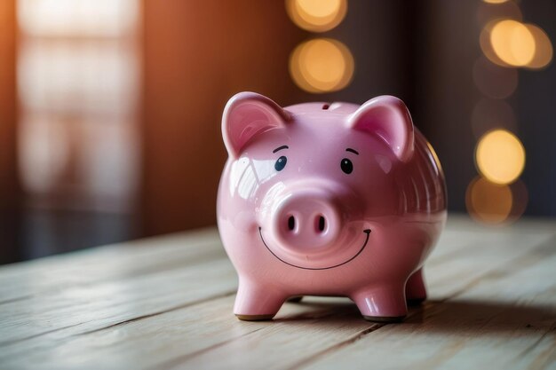 Caja de ahorros rosada con fondo bokeh