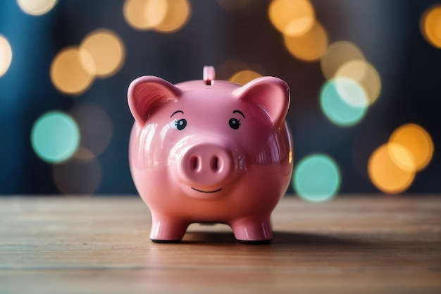 Caja de ahorros rosada con fondo bokeh