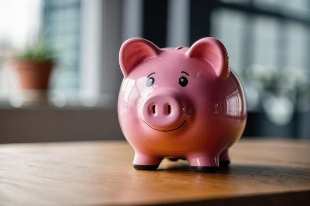 Caja de ahorros rosada con fondo bokeh