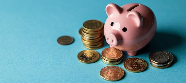 Foto caja de ahorros rosada con monedas de oro en fondo azul concepto de fracaso de inversión y bancarrota