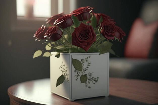 Caja de ai generativa con ramo de flores en la mesa rosas rojas oscuras como regalo presente romance