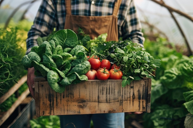 Caja de almacenamiento de jardinero llena de verduras