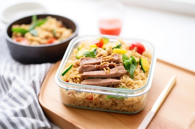Caja de almuerzo con concepto de preparación de comidas nasi goreng