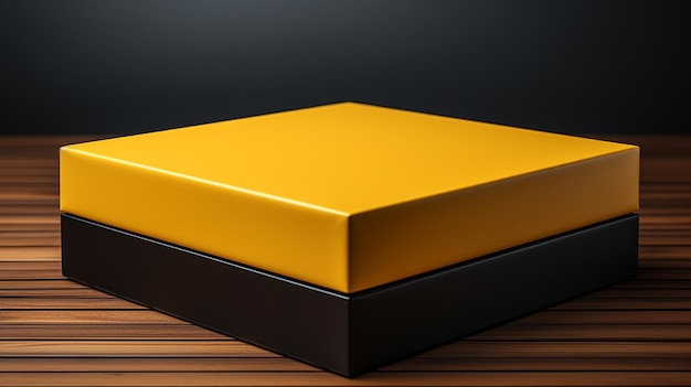 Caja amarilla y negra sobre superficie de madera con fondo negro ai generativo.