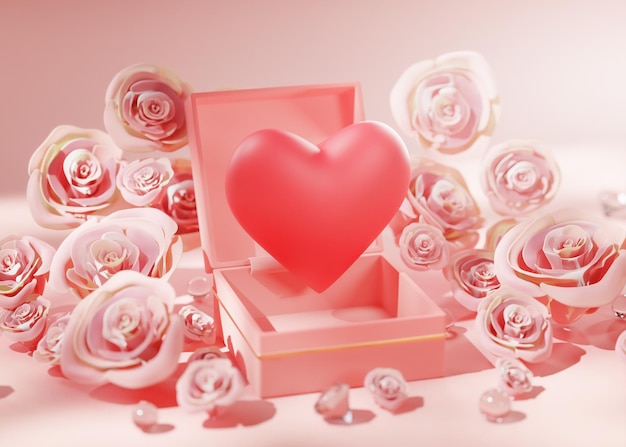 Foto caja de apertura de amor entre pétalos de rosa rosa y boda de diamantes concepto de san valentín 3d render
