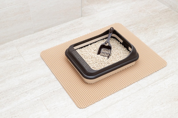 Caja de arena para gatos con gránulos de madera y cuchara en la alfombra de arena en el baño Equipo para mascotas