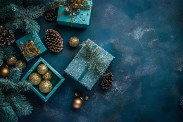 Una caja azul con bolas de navidad y un árbol de navidad dorado sobre un fondo azul.