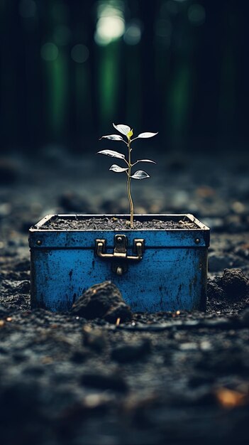 una caja azul con una planta creciendo fuera de ella