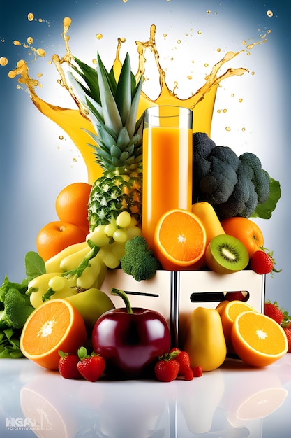 una caja de batido frutas y verduras saludables y jugo de naranja aura de energía generativa ai