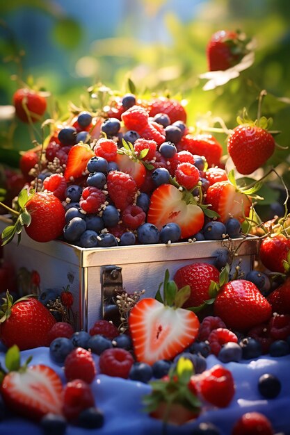 una caja de bayas con fresas en la parte superior