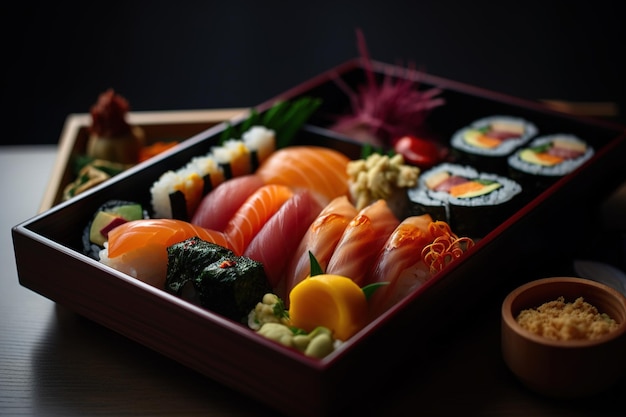 Caja bento japonesa con un colorido arreglo de rollos de sushi IA generativa