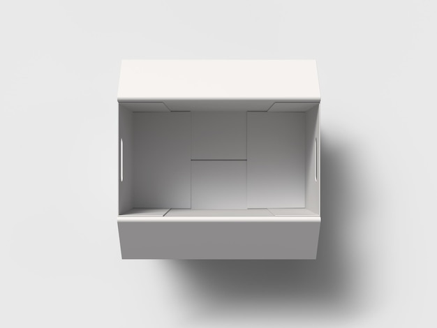 caja blanca en blanco con tapa de solapa abierta con bisagras. renderizado 3d