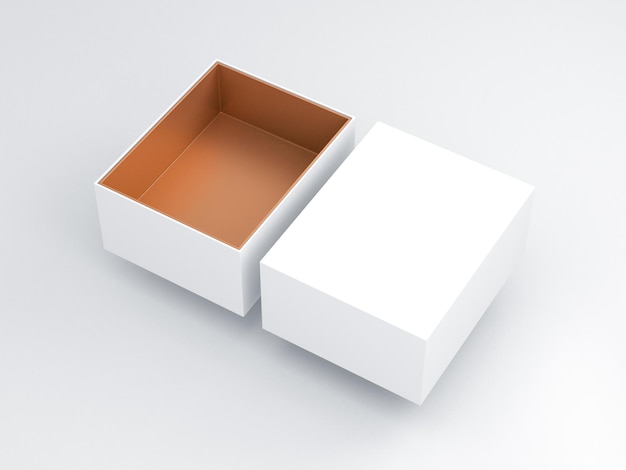 Caja blanca con cartón dorado dentro de Mockup, tapa abierta, representación 3d