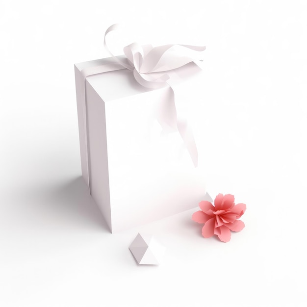 Una caja blanca con una cinta rosa y una flor.