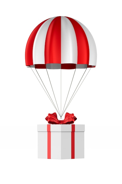Caja blanca con lazo rojo y paracaídas sobre blanco. Ilustración 3D aislada