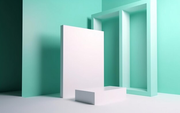Una caja blanca con una pared verde al fondo.