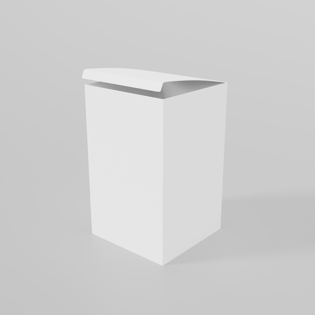 Caja blanca con tapa abierta sobre fondo gris