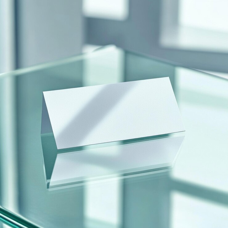 una caja blanca con una tarjeta blanca en ella está en una mesa de vidrio