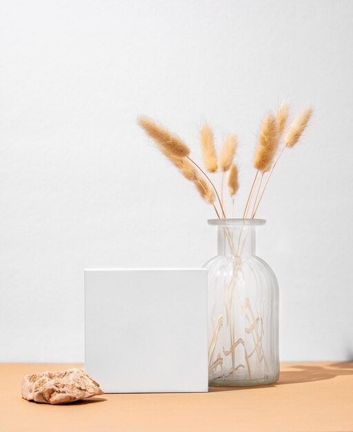 Foto caja blanca vacía y jarrón con flores secas en un fondo beige con una sombra dura