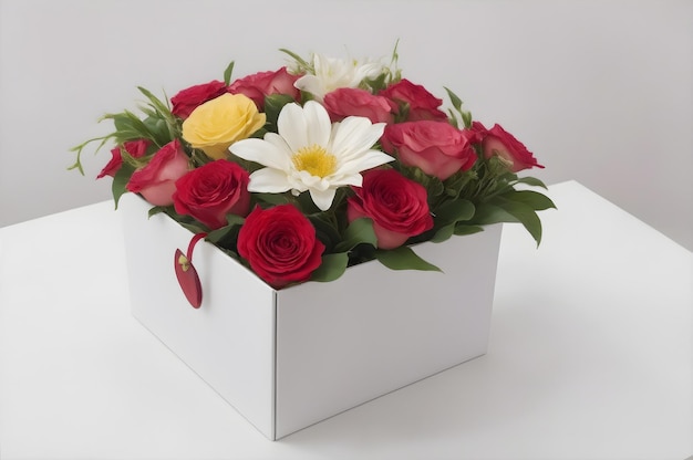 Caja blanca con una variedad de flores en superficie blanca