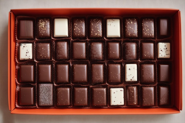 Una caja de bombones con uno de ellos de chocolate.