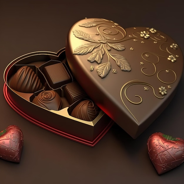 Una caja de bombones en forma de corazón con la palabra chocolate.