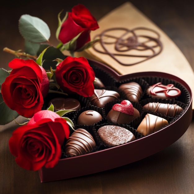 Una caja de bombones con una rosa roja al lado.