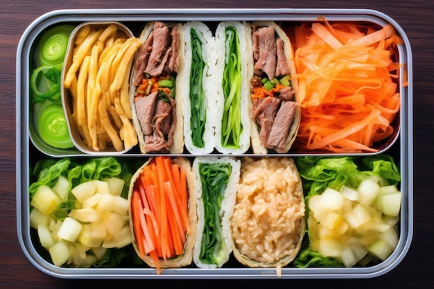 Caja de bulgogi bento cuidadosamente arreglada tomada desde arriba