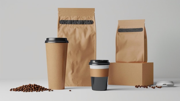 una caja de café y una taza de café con un envoltorio negro