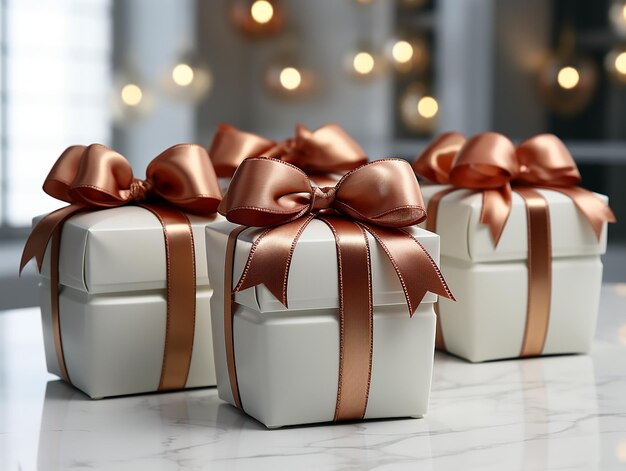 una caja de cajas de regalo blancas con cinta dorada y lazo.